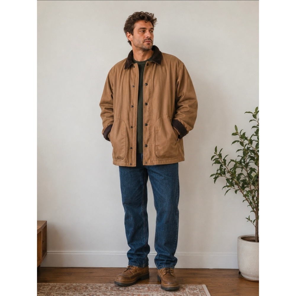 Nautica‎ Mens XLT Tan Canvas Chore Coat Corduroy Collar Cotton Lined Barn Jacket
